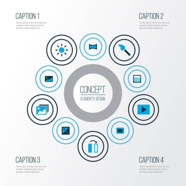 Görüntü simgeleri panorama, görüntü, pozlama ve diğer resim elementleriyle renklendirildi. İzole vektör resimleme simgeleri.