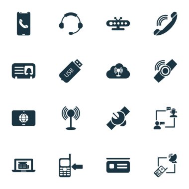 İletişim simgeleri, erişim noktası, televizyon kutusu, mektup ve diğer tablet iletişim elemanlarına ayarlandı. İzole illüstrasyon iletişim simgeleri.