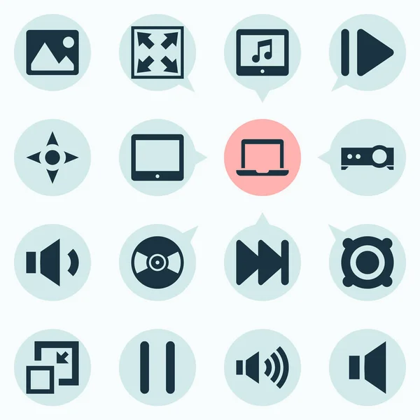 Media icons set with tablet, mute, volume up and other amplifier elements. Isolated illustration media icons.