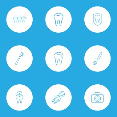 Diş dolguları, dişler, diş çukurları ve diğer diş minesi elementleriyle birlikte diş simgeleri çizgisi. İzole vektör illüstrasyon diş simgeleri.