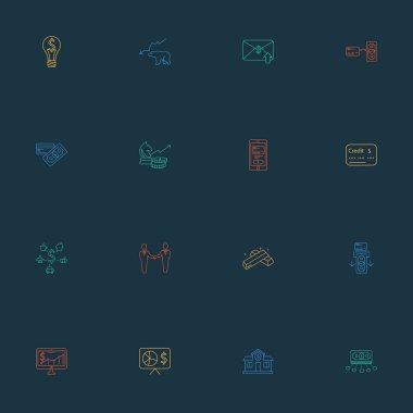 Finans simgeleri tarzı. Nakit para, finansal faiz, ayı pazarı ve diğer ticari unsurlarla belirlenmiş. İzole vektör illüstrasyon finans simgeleri.