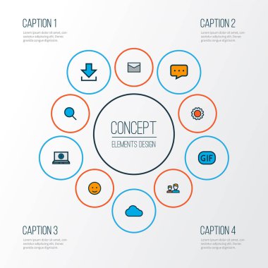 Ağ simgeleri simgeleri, emoji, indirme, ayarlar ve diğer animasyon ögeleriyle ayarlandı. İzole vektör illüstrasyon ağ simgeleri.