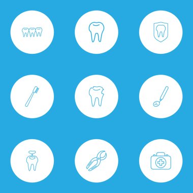 Diş dolguları, dişler, diş çukurları ve diğer diş minesi elementleriyle birlikte diş simgeleri dizilmiş. İzole edilmiş illüstrasyon diş simgeleri.