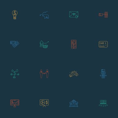 Ekonomi simgeleri çizgisi tarzı. Nakit para, finansal faiz, ayı pazarı ve diğer ticari unsurlarla belirlenmiş. İzole edilmiş illüstrasyon ekonomisi simgeleri.