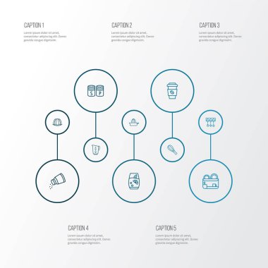 Fırça, portakal sıkacağı, tuz ve diğer mutfak sürahisi elementleriyle mutfak ikonları çizgisi. İzole edilmiş çizim aşçılık simgeleri.