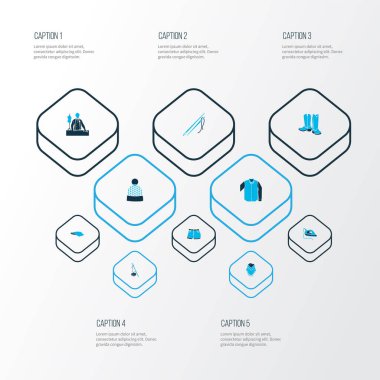 Tığ işi, plaj kıyafeti, terzi ve diğer terzi unsurlarıyla süslü moda ikonlar. İzole vektör illüstrasyonu moda simgeleri.