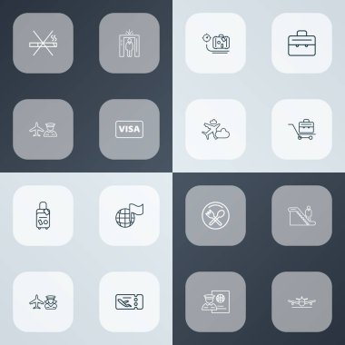 İniş uçağı, seyahat çantası, pasaport kontrol jet elementleri ile seyahat simgeleri dizisi. İzole vektör çizimi seyahat simgeleri.