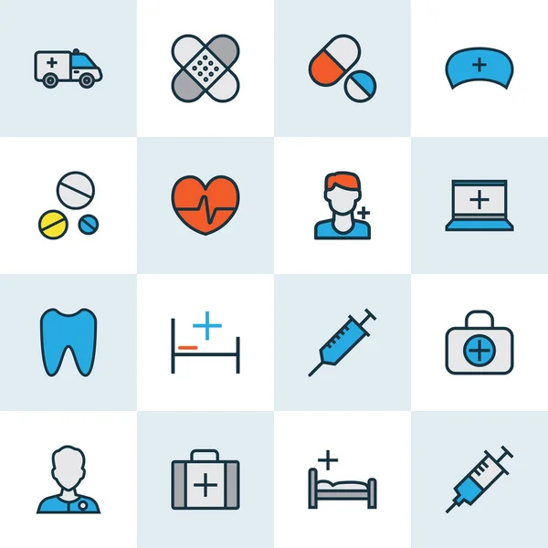 Antibiotiska ikoner färgade linje set med emalj, medicin bröstet, medicinsk arbetare och andra sprutelement. Isolerade vektor illustration antibiotiska ikoner. — Stock vektor