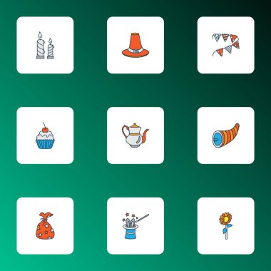 Kutlama simgeleri ayçiçeği, kek, hediye torbası ve diğer kek unsurlarıyla renklendirildi. İzole vektör illüstrasyon kutlama simgeleri.