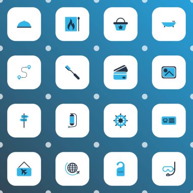 Seyahat simgeleri, plaj çantası, diş fırçası, el tekerleği görüntü elementleriyle renklendirilmiş. İzole vektör illüstrasyon seyahat simgeleri.
