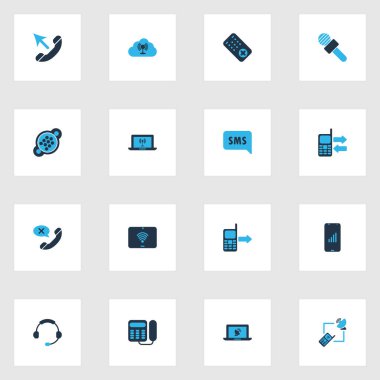 İletişim simgeleri web, laptop erişim noktası, bulut erişim noktası ve mobil elementlerden gelen diğer çağrı ile renklendirildi. İzole vektör illüstrasyon iletişim simgeleri.