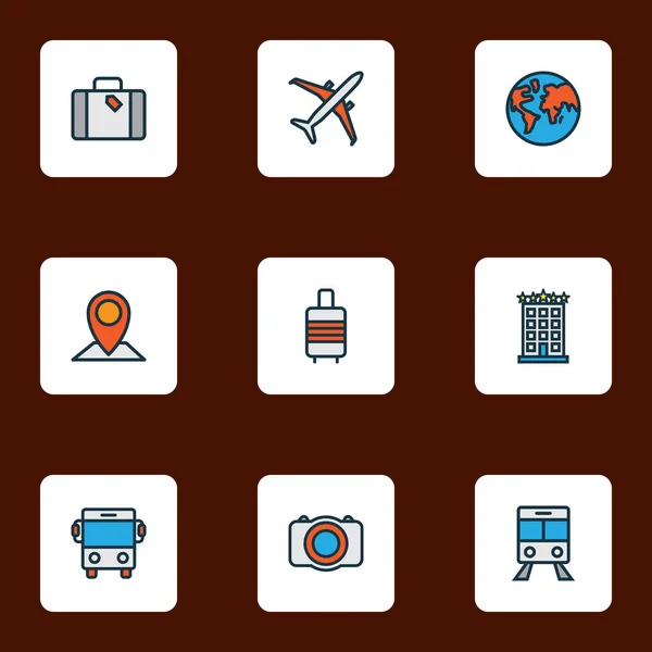 Exploration icons colored line set with map pin, photo camera, suitcase and other destination elements. Isolated vector illustration exploration icons. — Διανυσματικό Αρχείο