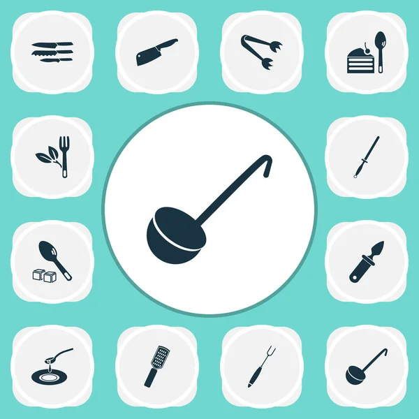 Icone Utensil con cucchiaio da zucchero, mestolo, zester e altri elementi di affilatura. Isolato icone utensile vettoriale illustrazione . — Vettoriale Stock