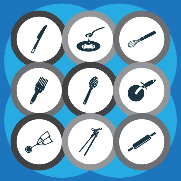 Conjunto de iconos de utensilios con abrelatas, cuchara de madera, cepillo de pastelería y otros elementos de masa. Iconos de utensilios de ilustración vectorial aislado . — Vector de stock