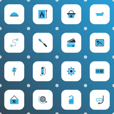 Seyahat simgeleri, plaj çantası, diş fırçası, el tekerleği görüntü elementleriyle renklendirilmiş. İzole edilmiş illüstrasyon seyahat simgeleri.