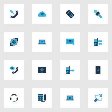 Telekomünikasyon simgeleri web, laptop erişim noktası, bulut erişim noktası ve mobil elementlerden gelen diğer çağrı ile renklendirildi. İzole edilmiş illüstrasyon telekomünikasyon simgeleri.