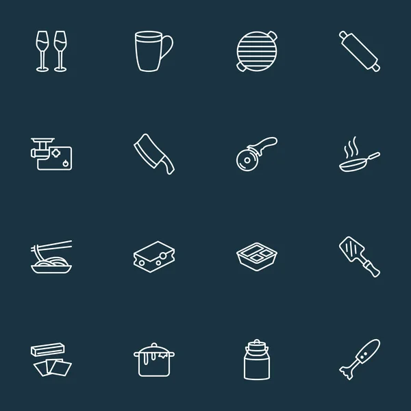Kook pictogrammen lijn stijl set met vleesmolen, bbq, Japans eten en andere barbecue-elementen. Geïsoleerde illustratie kok pictogrammen. — Stockfoto
