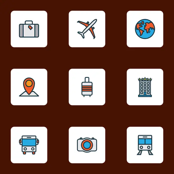 Esplorazione icone linea colorata con pin mappa, fotocamera fotografica, valigia e altri elementi di destinazione. Isolate icone di esplorazione illustrazione . — Foto Stock