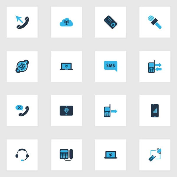Цветной набор телекоммуникационных иконок с веб-узлом, точкой доступа для ноутбука, облачной точкой доступа и другими вызовами от мобильных элементов. Изолированные иконки телекоммуникаций . — стоковое фото