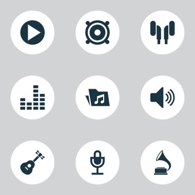 Müzik simgeleri ses, müzik, hoparlör ve diğer megafon elementleriyle ayarlandı. İzole müzik simgeleri.