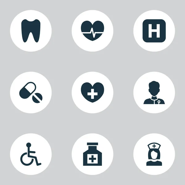 Antibiotika-Symbole mit Puls, Zahn, Krankenschwester und anderen Pillen-Elementen. Isolierte Illustration antibiotischer Symbole. — Stockfoto