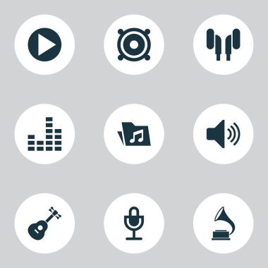 Ses, müzik, hoparlör ve diğer megafon elemanları ile çokluortam simgeleri ayarlandı. İzole vektör illüstrasyon multimedya simgeleri.