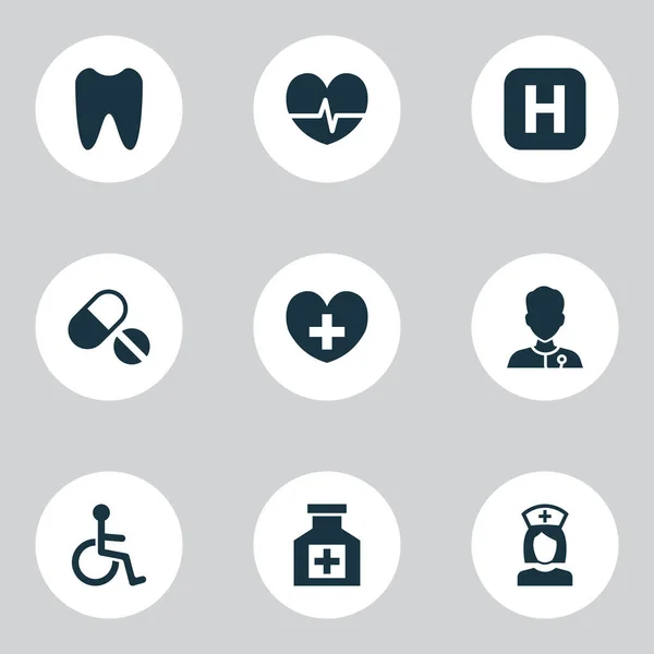 Icone medicinali impostati con polso, dente, infermiera e altri elementi pillole. Isolate icone di illustrazione vettoriale medicina . — Vettoriale Stock