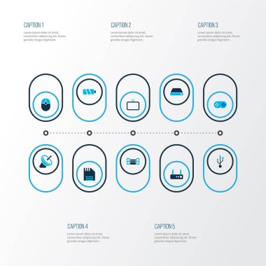 Aygıt simgeleri uydu, USB, ses sistemi ve diğer şarj elemanları ile renklendirildi. İzole edilmiş illüstrasyon aygıtı simgeleri.