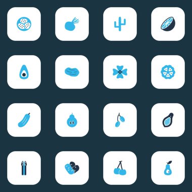 Fasulye, kaktüs, papaya ve diğer serçe otlarıyla renklendirilmiş meyve ikonları. Ayrı resimli meyve simgeleri.