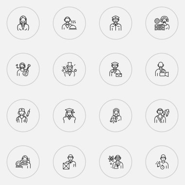 Doktor kadın, kaptan, bilim adamı ve diğer iş kadını unsurlarıyla iş ikonları çizimi. İzole edilmiş illüstrasyon mesleği simgeleri.