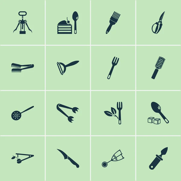 Utensilien-Symbole mit Zester, Gadget, scharfen und anderen Salatgabel-Elementen. Vereinzelte Illustrationsutensilien. — Stockfoto