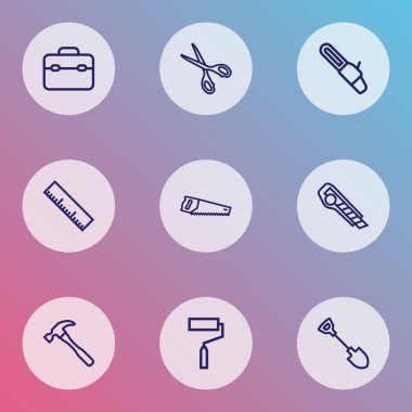 Araç kutusu, alet bıçağı, tekerlekli fırça ve diğer cetvel elemanları ile kullanıcı araçları çizgisi biçimi. İzole edilmiş illüstrasyon el araçları simgeleri.