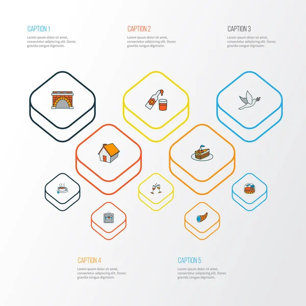 Icônes de Thanksgiving ligne colorée avec morceau de gâteau, cheminée, stemware et autres éléments de la maison. Illustration isolée icônes d'action de grâce . — Photo