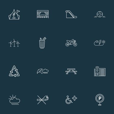 Halka. Skyline simge çizgisi tarzı park işareti, akıllı şehir, tiyatro sahnesi ve diğer güç unsurları. İzole vektör illüstrasyonu halka açık. Skyline simgeleri.