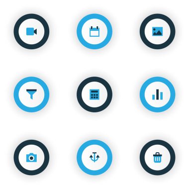 Filtre, çöp kutusu, grafik ve diğer kamera ögeleriyle kullanıcı simgeleri. İzole vektör resimleme simgeleri.