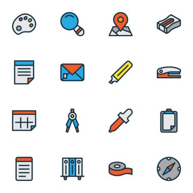 İşaretleyici, not defteri, göz damlası ve diğer pipet elementleriyle renklendirilmiş simgeler. İzole vektör illüstrasyon durağan simgeleri.