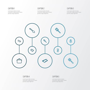 Kalay folyo, zester, çırpı ve diğer pasta tepsisi elementleriyle mutfak malzemeleri dizisi. İzole vektör illüstrasyon mutfak gereçleri simgeleri.