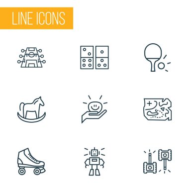 Masa tenisi, domino taşı, stres topu ve diğer ping pong unsurlarıyla etkinlik simgeleri çizimi. İzole edilmiş illüstrasyon etkinlik simgeleri.