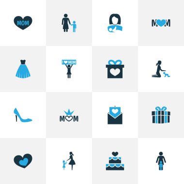 Anneler Günü renkli tasarım konsepti. Şekil olarak 16 elementten oluşan bir set, madam ve anne. Anne, anne ve aşk için güzel semboller..
