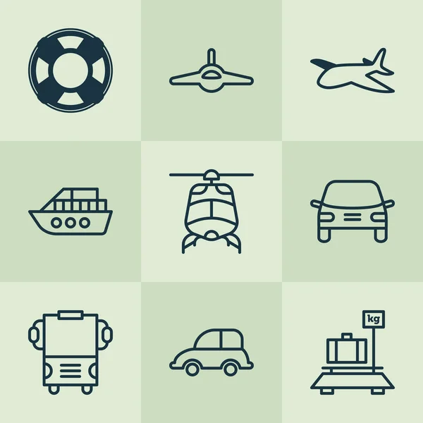 Iconos de transporte establecidos con aviones de combate, rescate marítimo, peso del equipaje y otros elementos de transporte. Iconos de transporte de ilustración aislada . — Foto de Stock