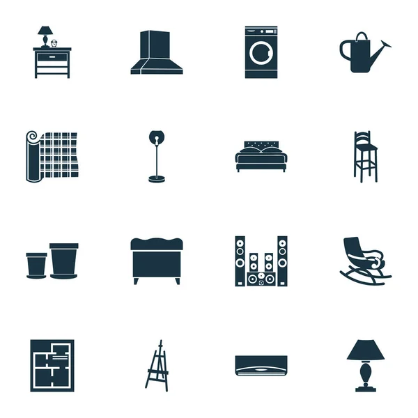 Belső ikonok lámpával, magas székkel, tapétával és egyéb székletelemekkel. Elszigetelt illusztráció belső ikonok. — Stock Fotó