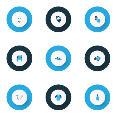 Bandanalı, bikinili, gece kollu gömlek giyen şık ikonlar. İzole edilmiş illüstrasyon moda simgeleri.