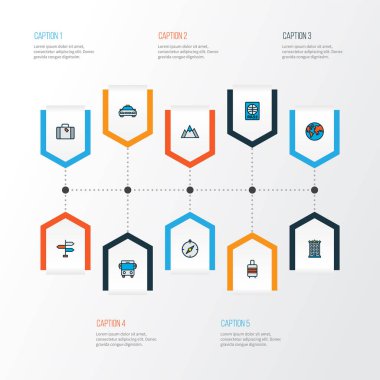 Keşif simgeleri dünya, otel, bavul ve diğer yurt unsurlarıyla renklendirildi. İzole edilmiş illüstrasyon keşif simgeleri.