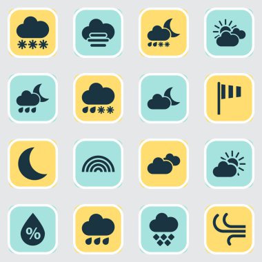 Gökkuşağı, rüzgar, parçalı bulutlar ve diğer hava elementleriyle hava ikonları oluşturuldu. İzole vektör illüstrasyon hava simgeleri.