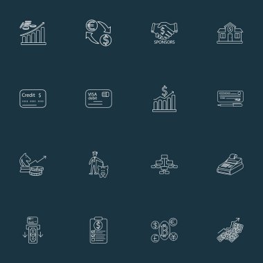 Döviz, yatırım stratejisi, kolaj tasarrufu ve diğer ilerleme unsurlarıyla birlikte finans simgeleri çizgisi tarzı belirlendi. İzole vektör illüstrasyon finans simgeleri.