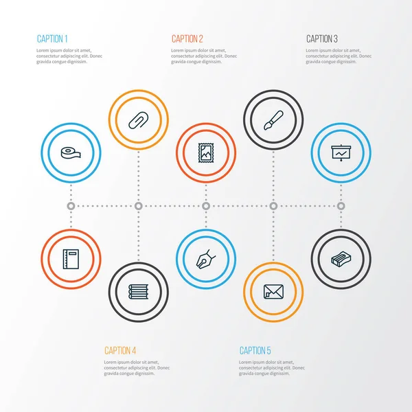 Icônes stationnaires style ligne sertie de livres, pinceau, enveloppe et autres éléments de lettre. Illustration vectorielle isolée icônes stationnaires . — Image vectorielle