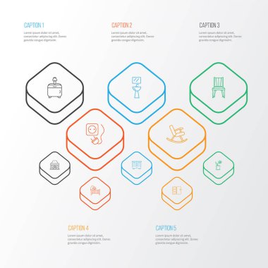 Beşik, kapı, komodin ve diğer hasır mobilya unsurlarıyla dekorasyon simgeleri dizisi. İzole resimli dekor simgeleri.