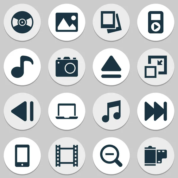 Ikony muzyczne ze smartfonem, winylem, wideo i innymi elementami fotograficznymi. Izolowane ikony muzyki ilustracyjnej. — Zdjęcie stockowe