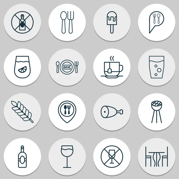 Comer ícones conjunto com suco de limão, mesa, colher com garfo e outros elementos proibidos de álcool. Isolado ilustração comer ícones . — Fotografia de Stock