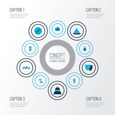 Elektrikli tren, oksijen tüpü, matara ve diğer yelkenli elementleriyle birlikte trip simgeleri. İzole vektör illüstrasyon gezi simgeleri.